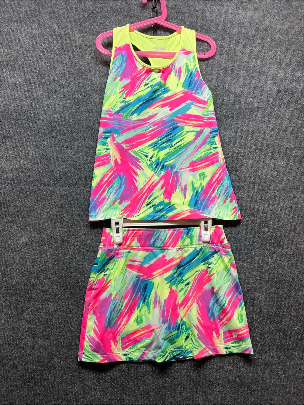 Prince Neon Yellow Multicolor Girls Athletic Tank Top and skirt/built in shorts